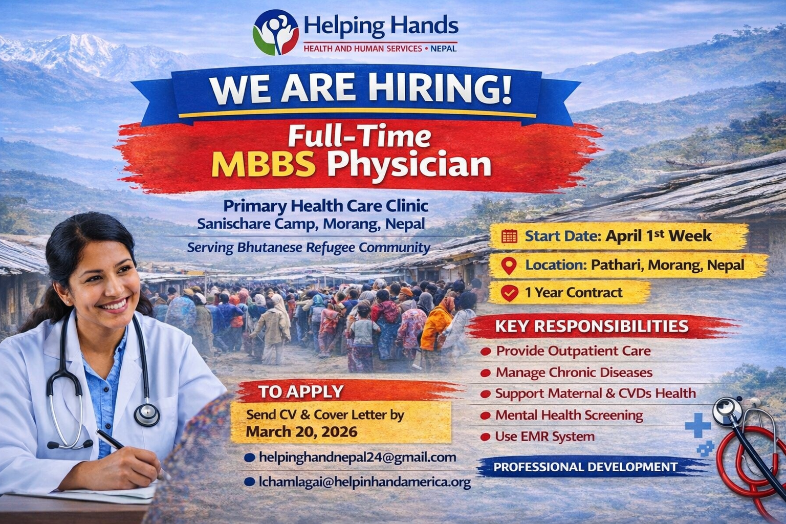 Helping Hands Nepal Announces Vacancy for MBBS Physician to Serve Refugee Community
